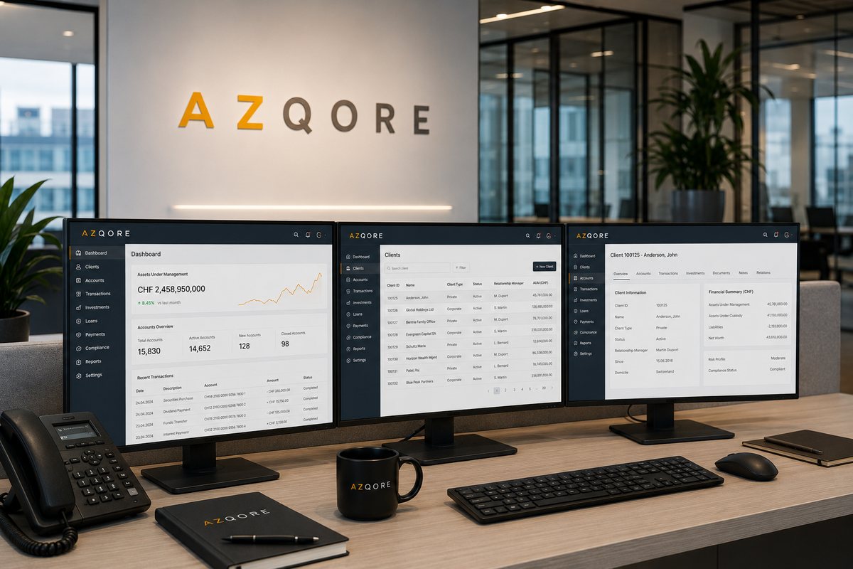 Azqore's core banking platform displayed across workstation screens in a private banking office.